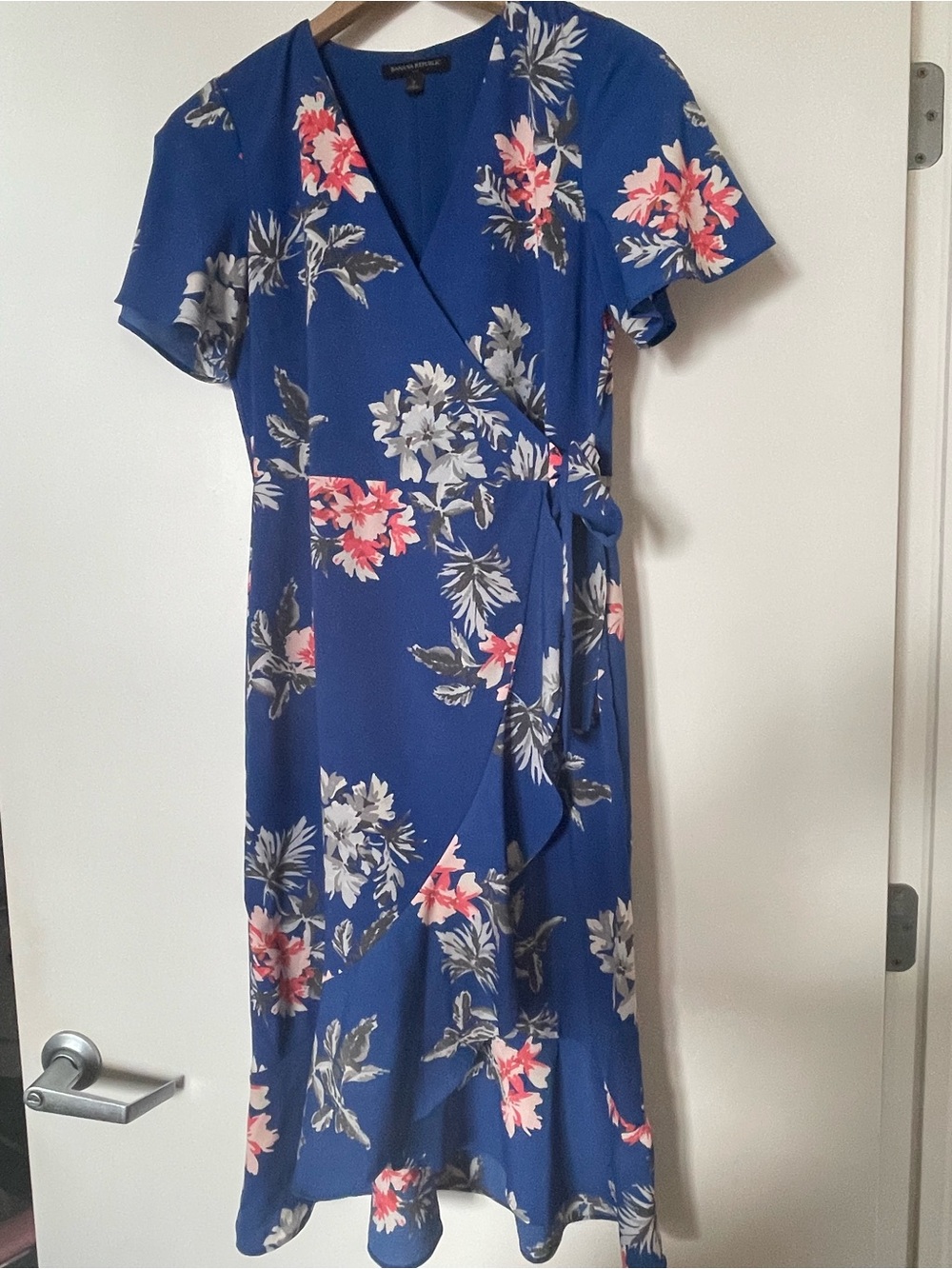 Banana Republic Royal Blue Floral Wrap Midi Dress with Pink & White Blooms